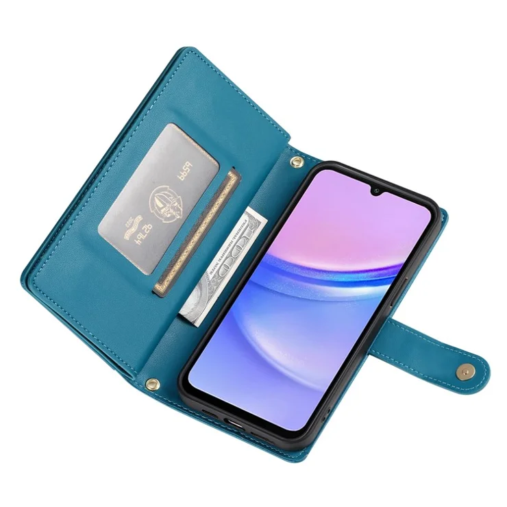 DF-011 For Samsung Galaxy A15 4G / 5G Wallet Case Zipper Leather Phone Bag with Shoulder Strap - Blue