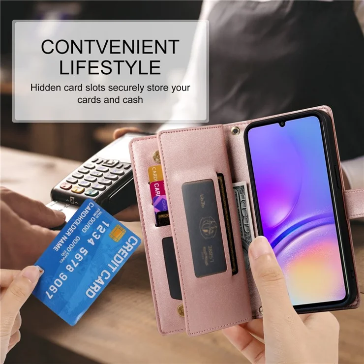 DF-011 For Samsung Galaxy A05 4G Case Zipper Pocket Flip Leather Phone Cover with Shoulder Strap - Pink