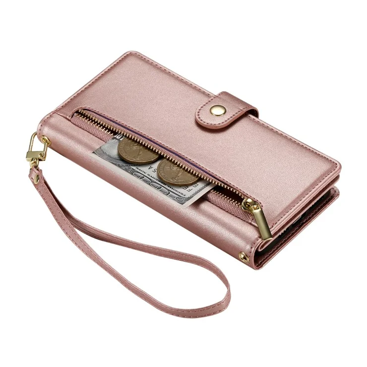 DF-011 For Samsung Galaxy A05 4G Case Zipper Pocket Flip Leather Phone Cover with Shoulder Strap - Pink