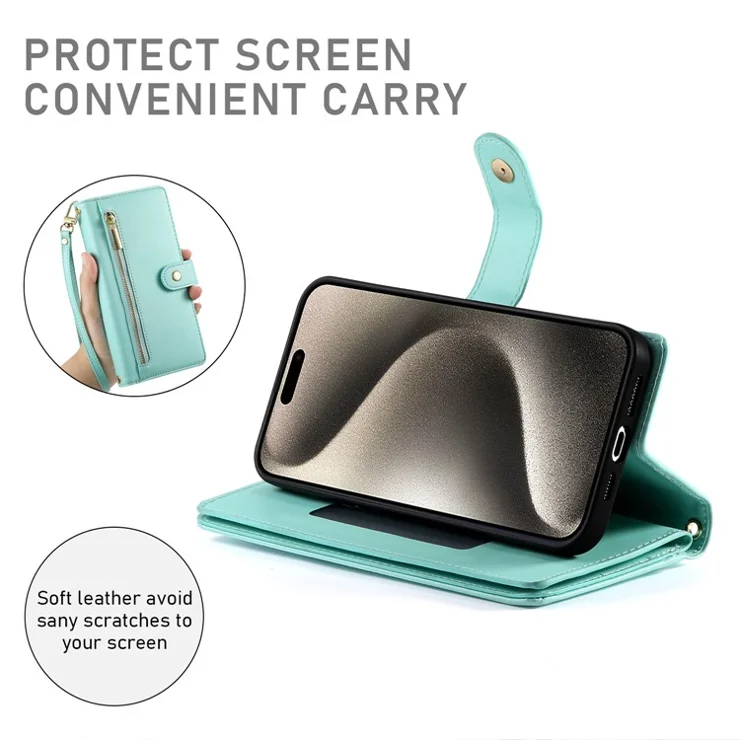DF-011 For iPhone 15 Pro Max Leather Case Zipper Wallet Crossbody Phone Cover Stand View - Mint Green
