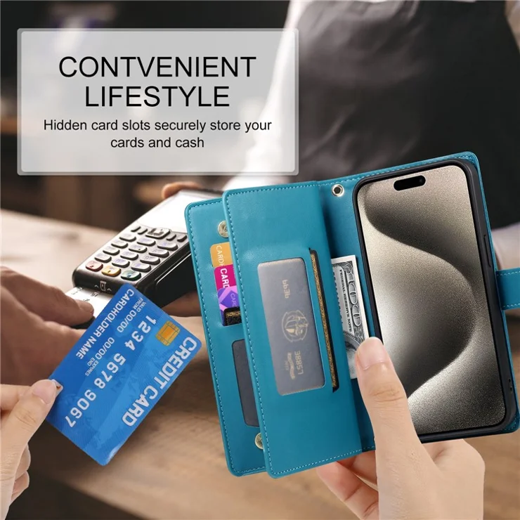 DF-011 For iPhone 15 Pro Max Leather Case Zipper Wallet Crossbody Phone Cover Stand View - Blue