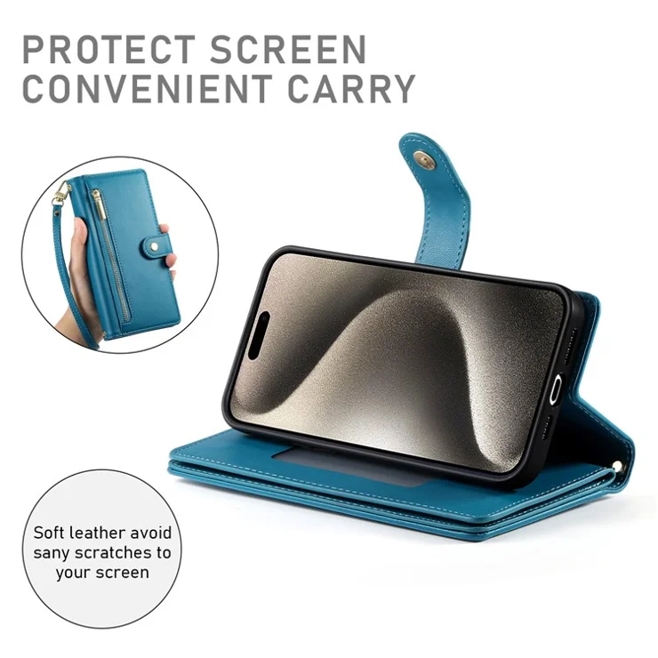 DF-011 For iPhone 15 Pro Max Leather Case Zipper Wallet Crossbody Phone Cover Stand View - Blue