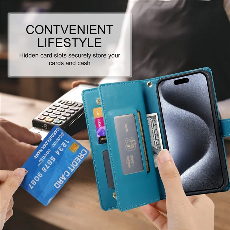 DF-011 For iPhone 15 Pro Case Zipper Leather Phone Cover with Shoulder Strap and Hand Strap - Blue