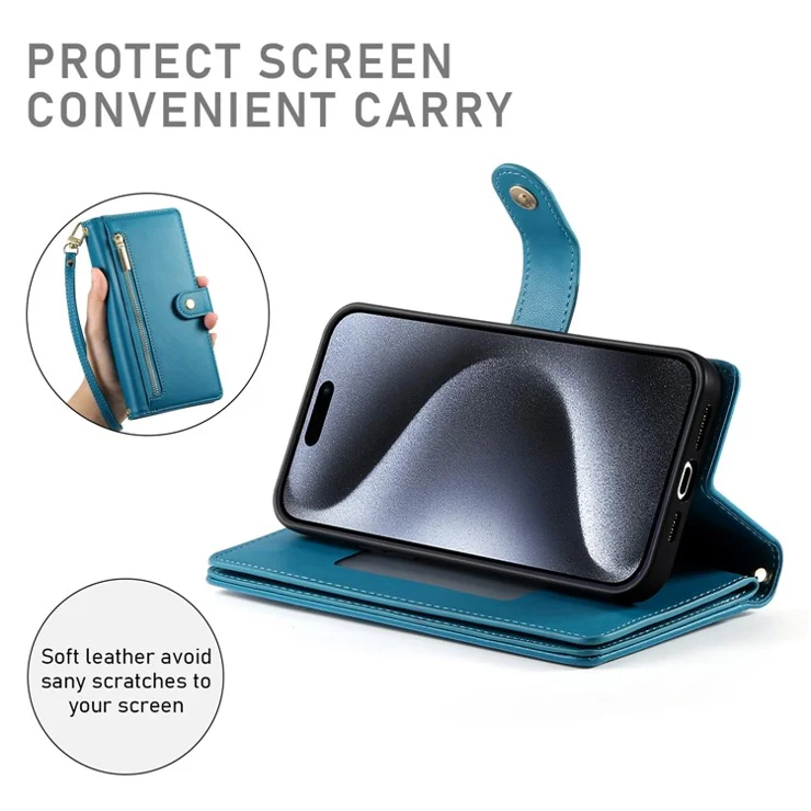 DF-011 For iPhone 15 Pro Case Zipper Leather Phone Cover with Shoulder Strap and Hand Strap - Blue