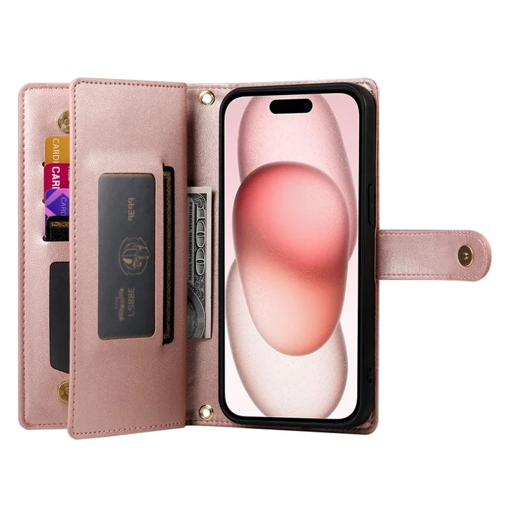 DF-011 For iPhone 15 Case Crossbody Leather Cover with Zipper Pocket Multiple Card Slots - Pink