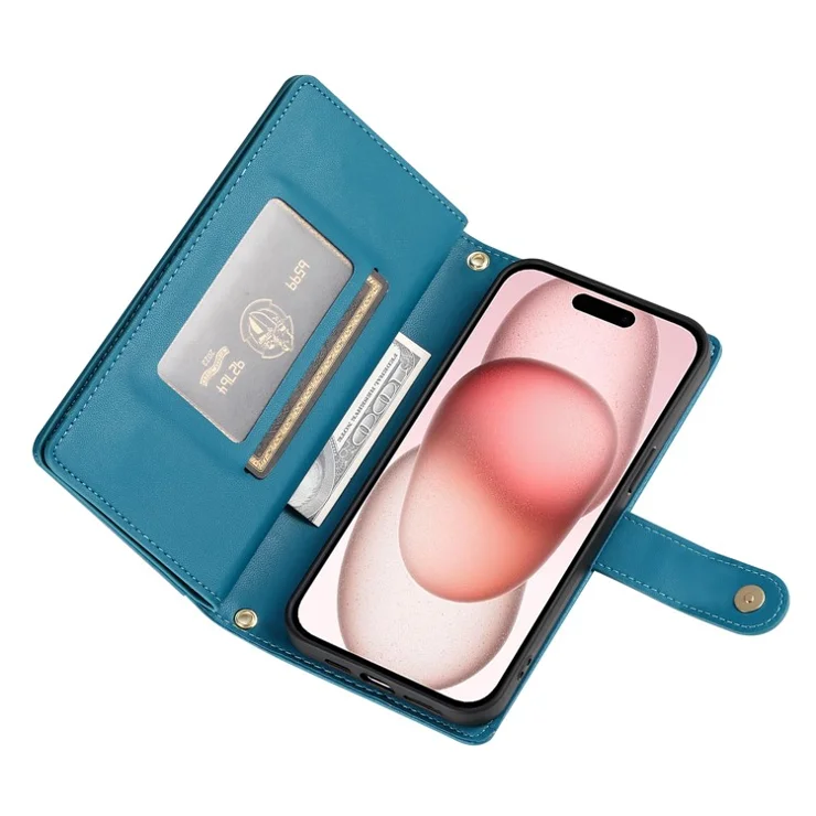 DF-011 For iPhone 15 Case Crossbody Leather Cover with Zipper Pocket Multiple Card Slots - Blue