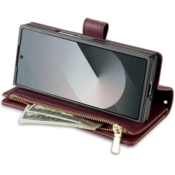 CSJ-P2 For Samsung Galaxy Z Fold6 5G Phone Case Stitching Leather Wallet Cover with Straps - Wine Red
