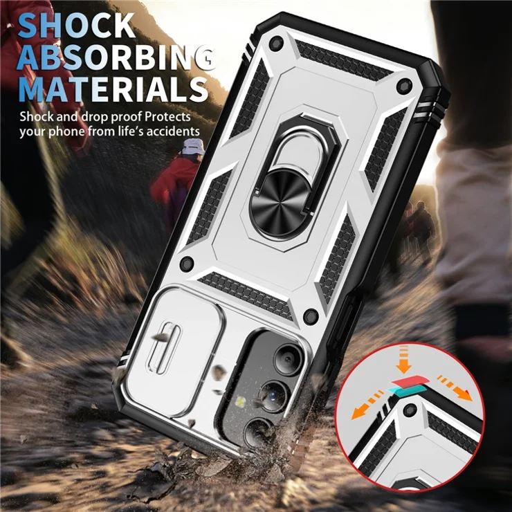 For Samsung Galaxy A15 4G / 5G Case TPU+PC Slide Camshield Kickstand Phone Cover - White