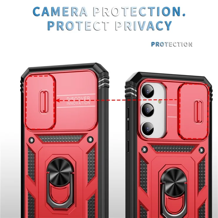 For Samsung Galaxy A55 5G Kickstand Case TPU+PC Camshield Hybrid Phone Cover - Black+Red