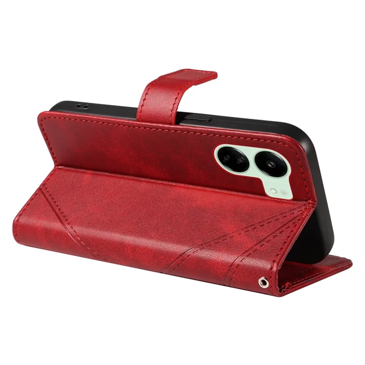 For Xiaomi Redmi 13C 5G / 13C 4G / 13R 5G / Poco C65 4G / Poco M6 5G Case PU Leather Stand Phone Cover Geometric Lines - Red