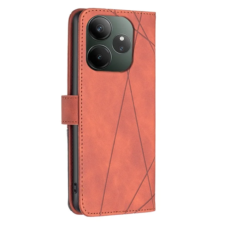 BINFEN COLOR For Realme GT 6 5G / GT 6T 5G Phone Cases Wallet Stand Geometry Imprinted Leather Cover - Brown