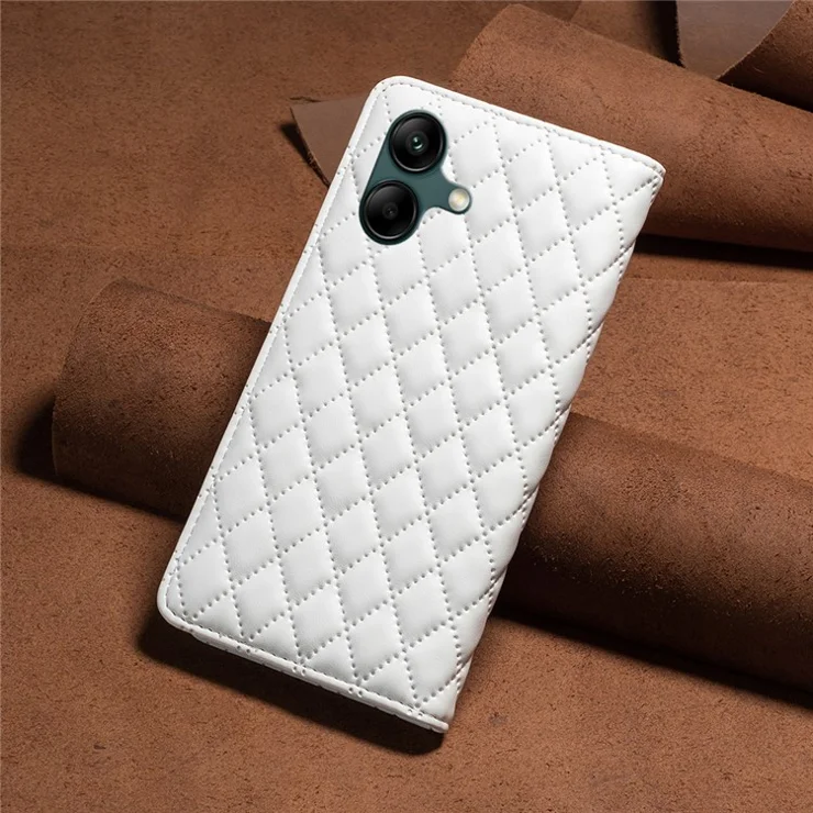 BINFEN COLOR BF Style-16 For Samsung Galaxy A06 4G Case Card Slots Rhombus Leather Cover - White