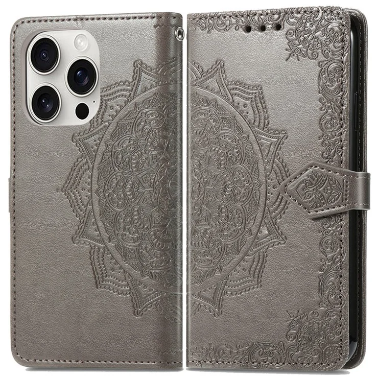 For iPhone 16 Pro Case Card Holder Cash Slots Leather Phone Cover Embossed Mandala Pattern - Grey