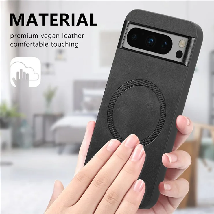 For Google Pixel 8 Pro Leather Back Case Compatible with MagSafe Skin-touch Phone Cover - Black