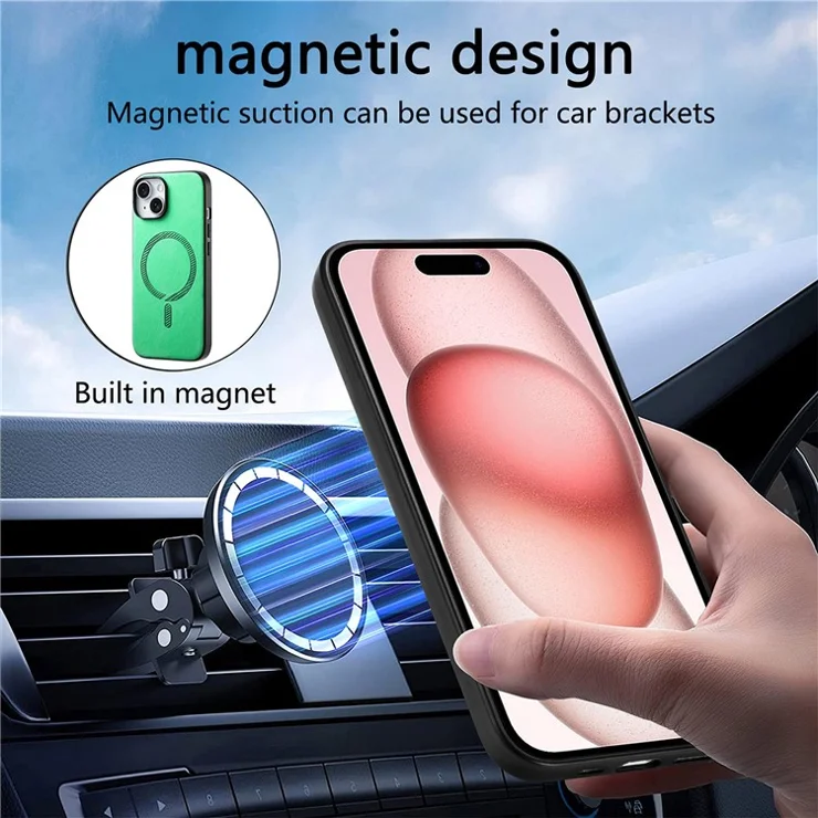 For iPhone 15 Leather Back Case Compatible with MagSafe Skin-touch Phone Cover - Purple