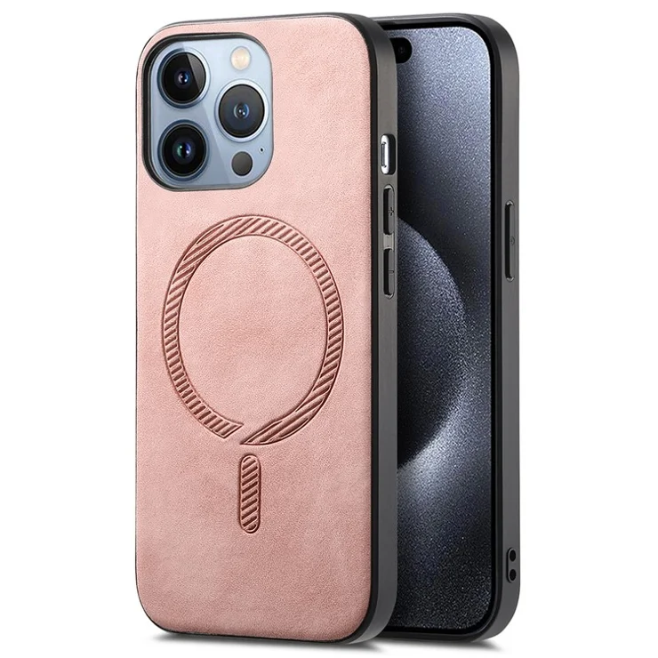 For iPhone 15 Pro Max Leather Back Case Compatible with MagSafe Skin-touch Phone Cover - Pink