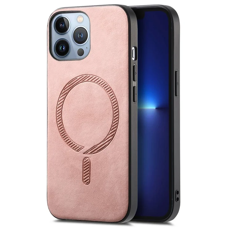 For iPhone 13 Pro Max Leather Back Case Compatible with MagSafe Skin-touch Phone Cover - Pink