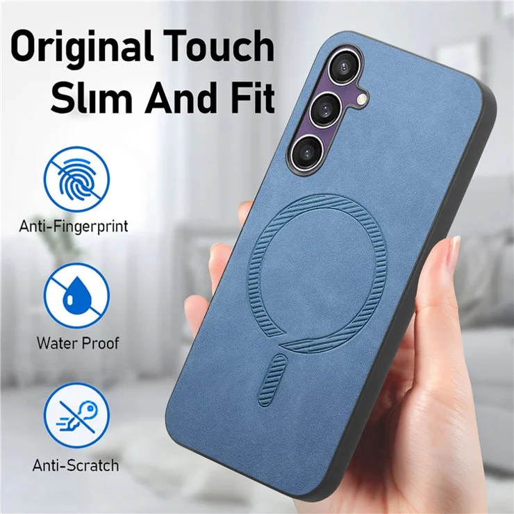 For Samsung Galaxy S23 FE Leather Back Case Compatible with MagSafe Skin-touch Phone Cover - Blue