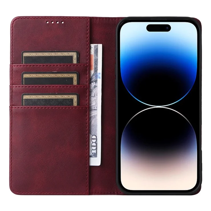 For iPhone 14 Pro Case PU Leather Phone Cover with RFID Blocking Wallet - Wine Red