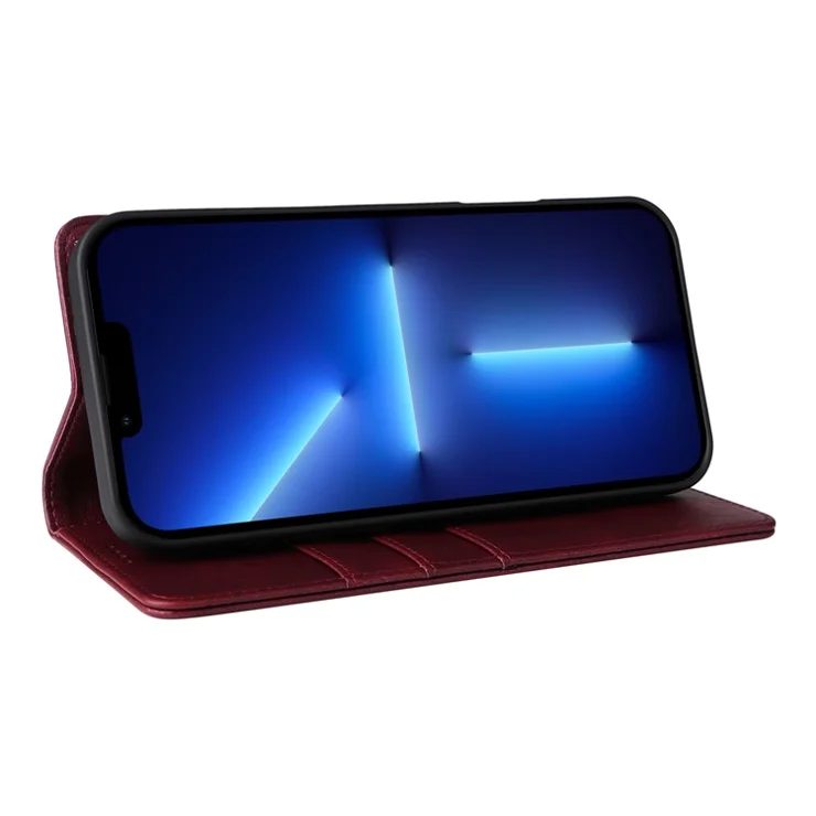 For iPhone 13 Pro Max Leather Case RFID Blocking Wallet Magnetic Closing Cover - Wine Red