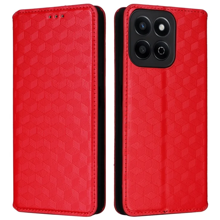 For Honor X7c 4G / 200 Smart 5G / Play 60 Plus 5G / Play 9T Case Rhombus Imprint PU Leather Phone Wallet Cover - Red