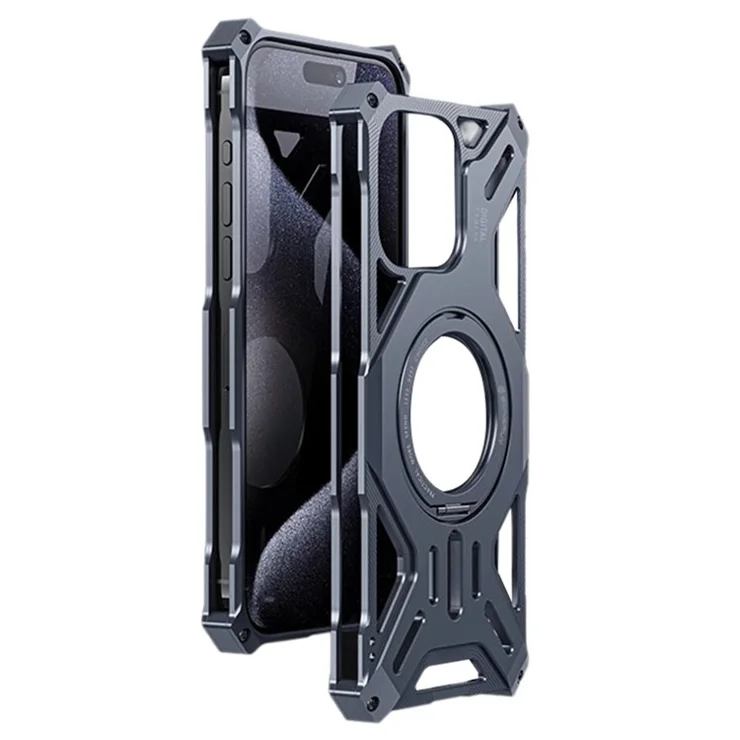 For iPhone 14 Pro / 13 Pro Bumper Case Frameless Aluminum Alloy+Silicone Cover with Ring Kickstand - Grey