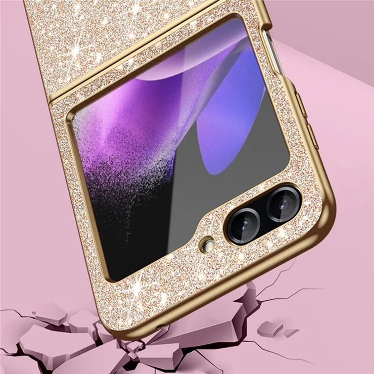 For Samsung Galaxy Z Flip6 5G Case Leather+PC Phone Cover Sparkle Glitter - Gold