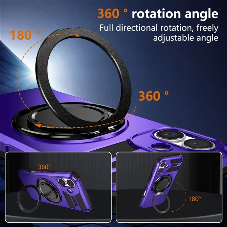 For iPhone 16 Case Compatible with MagSafe Rotary Kickstand Anti-Drop TPU+PC Phone Cover - Purple