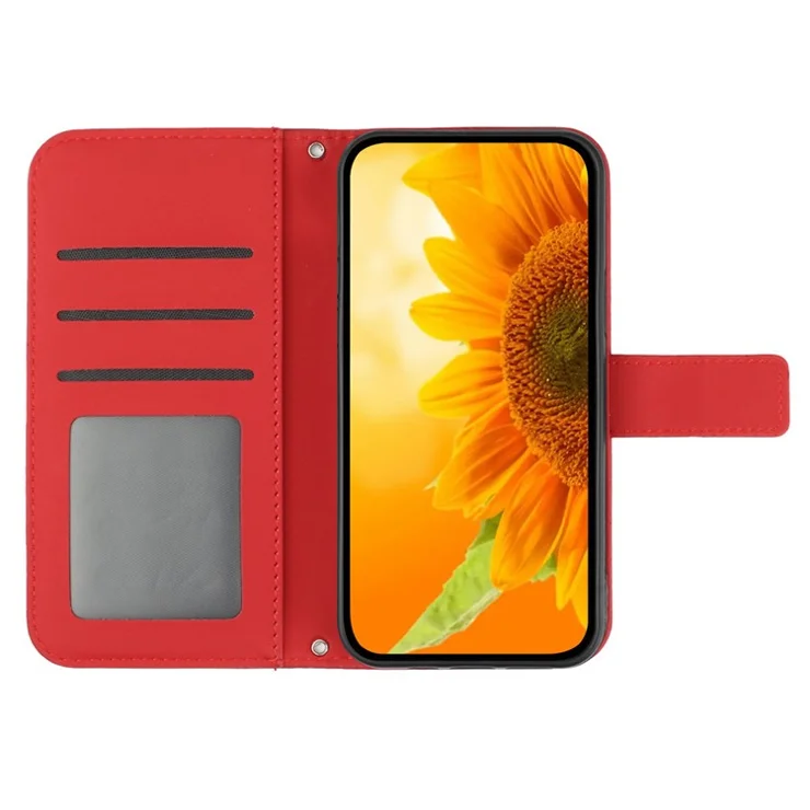HT04 For Samsung Galaxy A06 4G Case PU Leather Sunflower Imprint Phone Cover with Long Strap - Red