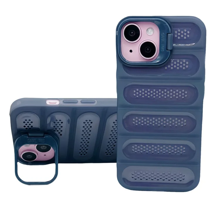 For iPhone 14 Case Heat Dissipation Kickstand Airbags Anti-Drop TPU+PC Phone Cover - Transparent Blue