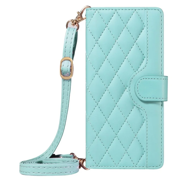For iPhone 14 Pro Crossbody Case Rhombus Leather Stand Flip Protective Cover - Green