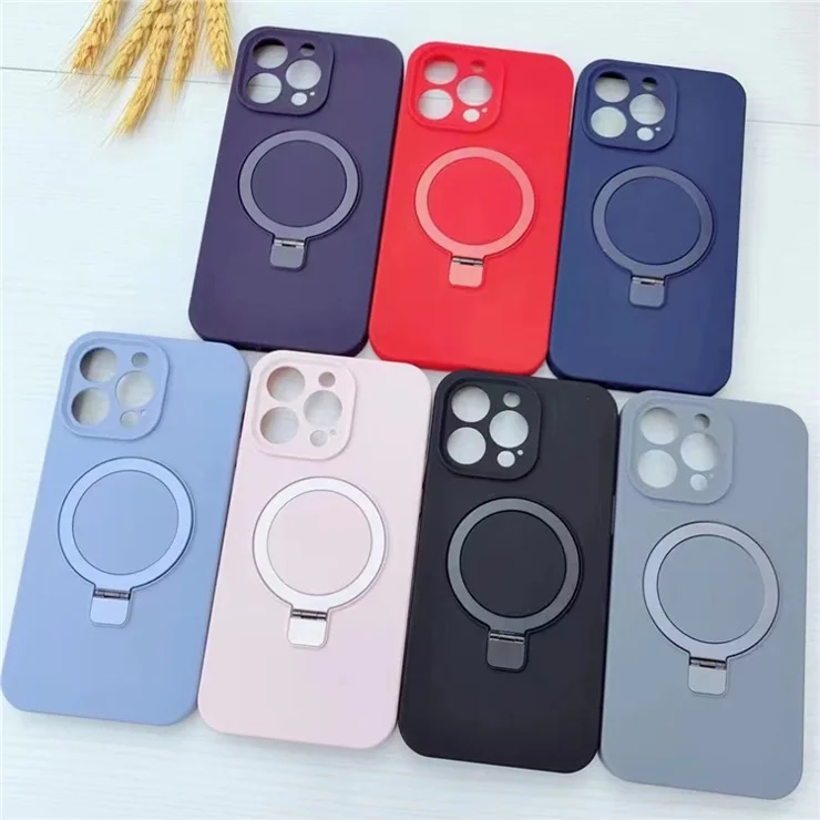 For iPhone 15 Pro Magnetic Case Liquid Silicone Phone Cover Built-in Kickstand Ring Holder - Plum