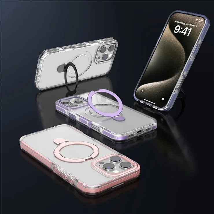 For iPhone 16 Pro Max Case Compatible with MagSafe PC+TPU Cover with Ring Holder Kickstand - White