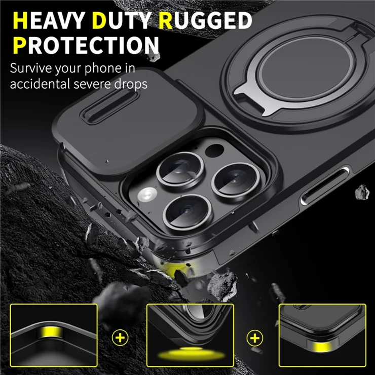 For iPhone 14 Pro Magnetic Case Slide Lens Cover Ring Kickstand TPU+PC Phone Shell - Red