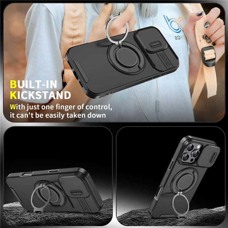 For iPhone 14 Pro Magnetic Case Slide Lens Cover Ring Kickstand TPU+PC Phone Shell - Orange