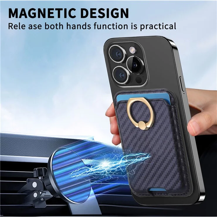 MC-W15 Carbon Fiber Texture Card Holder Ring Holder Leather Magnetic Phone Card Bag - Blue