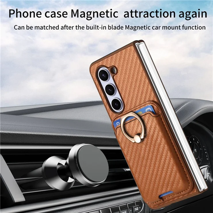 For Samsung Galaxy Z Fold6 5G Case Leather+PC Phone Cover with Magnetic Card Bag and Screen Film - Brown