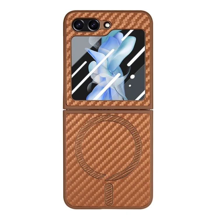For Samsung Galaxy Z Flip5 5G Case Compatible with MagSafe Leather+PC Cover with Rear Screen Film - Brown