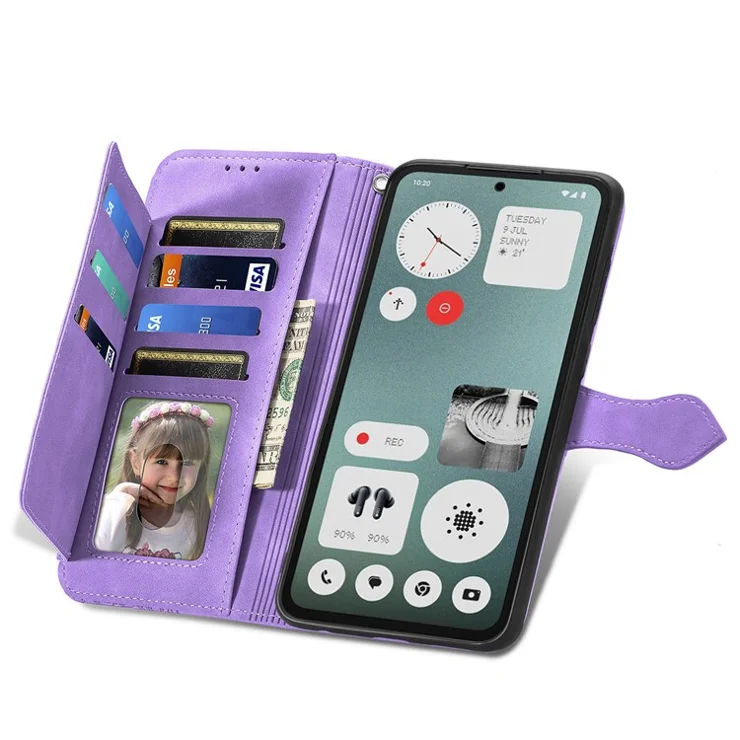 For Nothing CMF Phone 1 Zipper Wallet Case with Strap Flower Imprint PU Leather Phone Cover - Light Purple