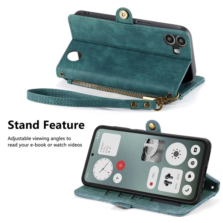 For Nothing CMF Phone 1 Zipper Wallet Case Geometry Lines Leather Phone Cover with Strap - Green