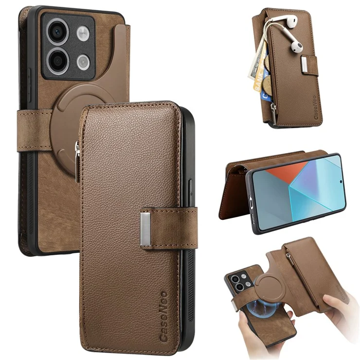 CASENEO MW-02 For Xiaomi Redmi Note 13 5G Case Multiple Card Slots Magnetic Detachable Leather Cover - Brown