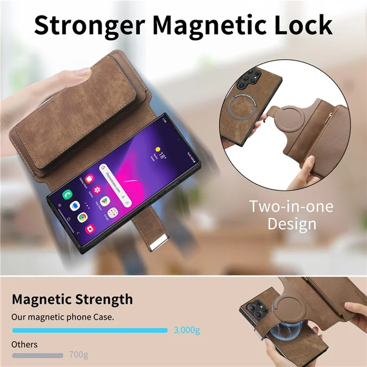 CASENEO MW-02 For Samsung Galaxy S24 Ultra Case Zipper Pocket PU Leather Stand Phone Cover - Brown