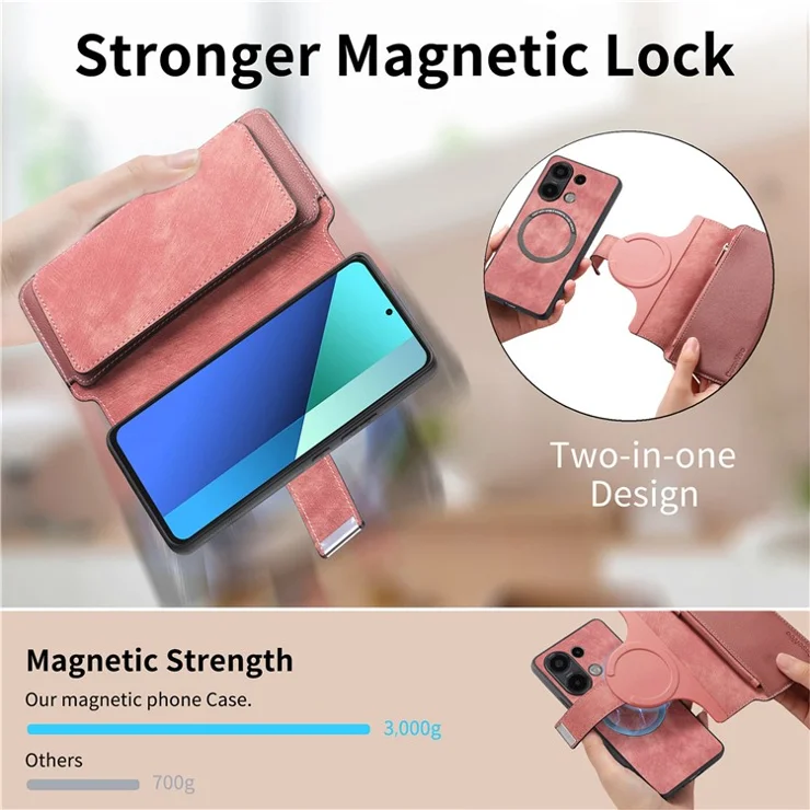 CASENEO MW-02 For Xiaomi Redmi Note 13 4G Case Magnetic Detachable Phone Leather Cover - Pink