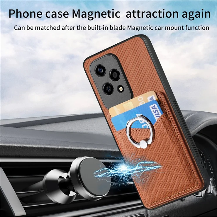 For Honor 200 Lite Case Ring Kickstand Card Slot Leather+PC+TPU Phone Cover - Brown