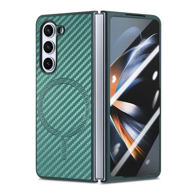 For Samsung Galaxy Z Fold5 5G Magnetic Case Leather+PC Phone Cover with Tempered Glass Film - Green