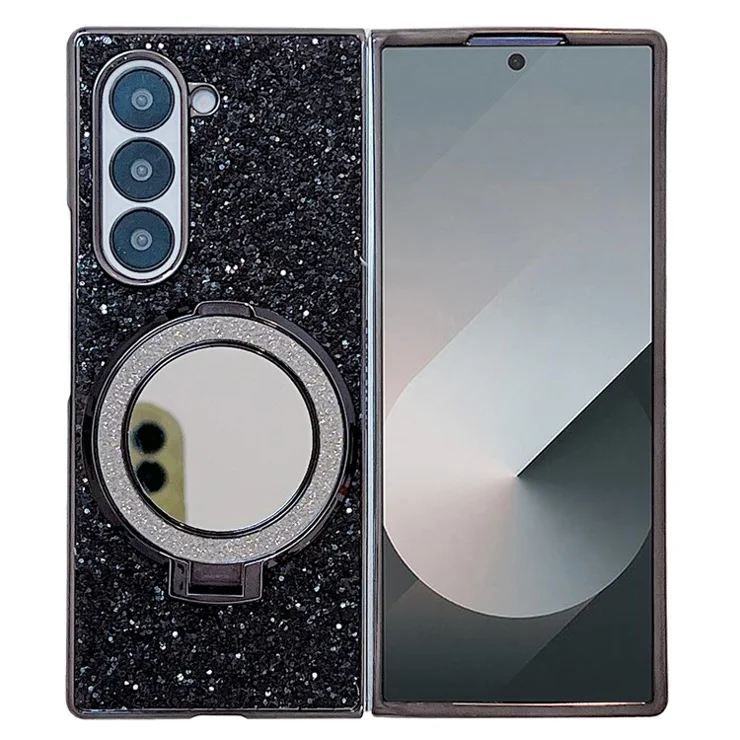 For Samsung Galaxy Z Fold6 5G Case Compatible MagSafe TPU+PC Kickstand Phone Cover with Mirror - Black