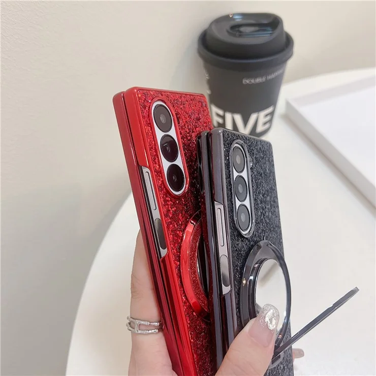 For Samsung Galaxy Z Fold6 5G Case Compatible MagSafe TPU+PC Kickstand Phone Cover with Mirror - Red