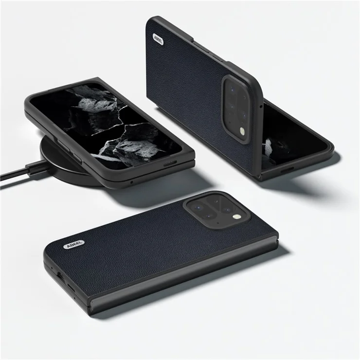 ABEEL For Google Pixel Fold 2 Case Genuine Cow Leather PC Phone Cover Black Edge - Blue