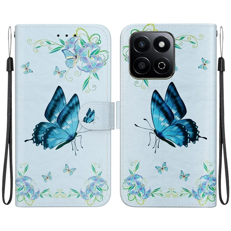 For Honor Play 60 Plus 5G Wallet Phone Case Anti-Drop Leather Flip Cover Pattern Printing - Blue Butterfly Flower