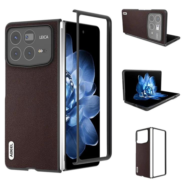 ABEEL For Xiaomi Mix Fold 4 5G Case Genuine Cow Leather PC Phone Cover Black Edge - Coffee